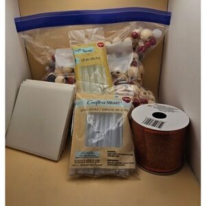 Mixed Craft Supply Lot Wooden Beads Clothespins Glue Sticks Ribbon Hearts Tiles